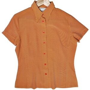 Moiselle 90s Vintage Button Up Top Blouse Size 44/Medium Orange Yellow Zig Zag